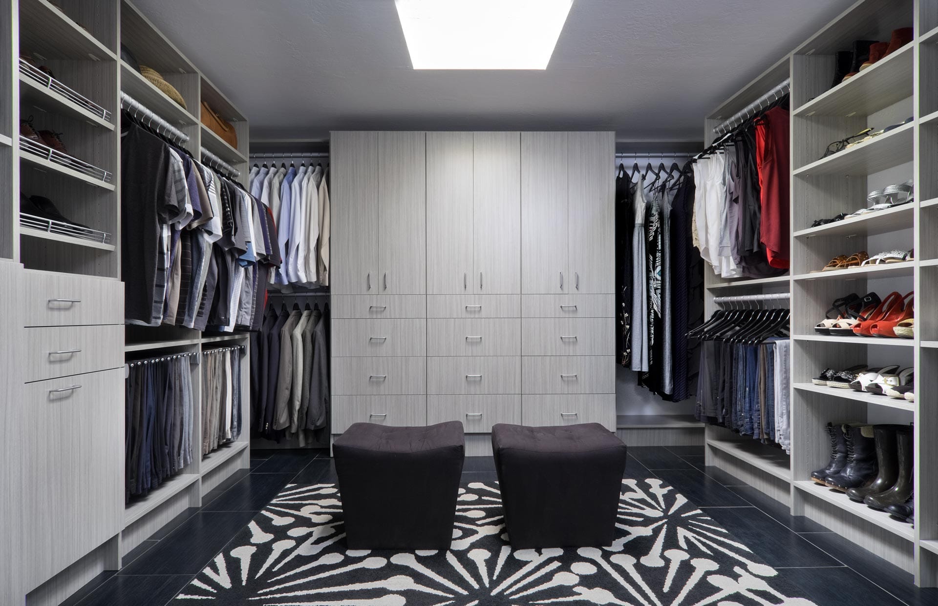 Walk-in closet with floor-to-ceiling cabinets, shoe shelves and two ottomans